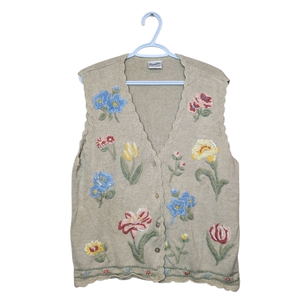 Vintage Francisca L (16-18) Button Up Cream Knit Floral Embroidered Vest
